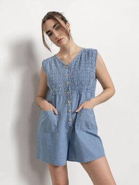VINTAGE DENIM ROMPER Cotton Onesie Playsuit Summer 90's / Medium
